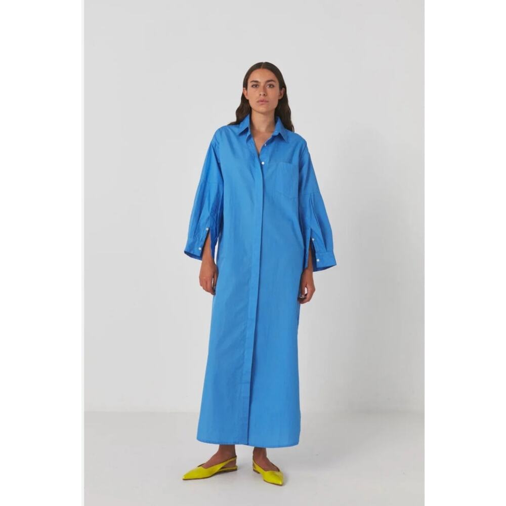 Rabens Saloner Womens 100% Cotton Blue Shirt Button Up Midi Dress XS/S Luxurious